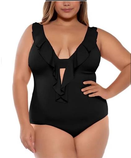 NWT BECCA 2X Color Code Ruffled 1PC Swimsuit Black 97029