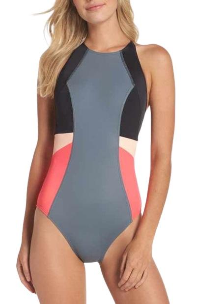 NWOT Zella Grey Colorblock XS High-Neck Open-Back One-Piece Swimsuit #97034
