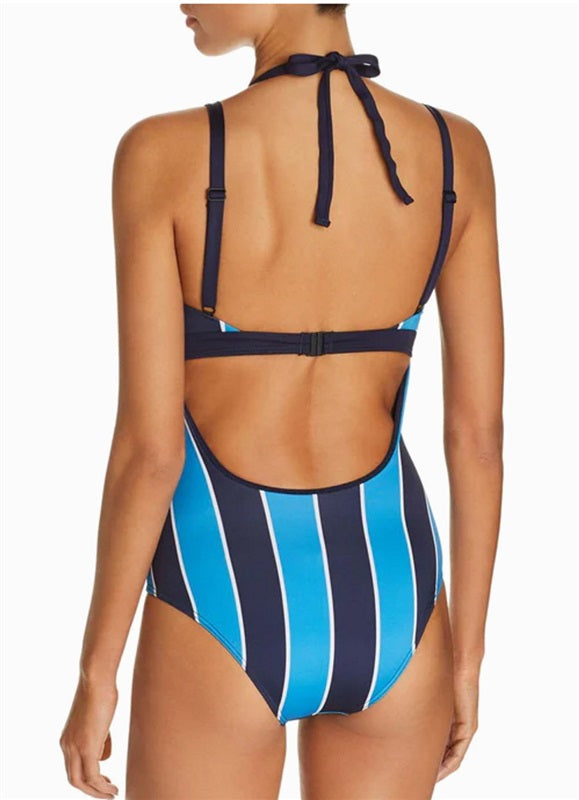 NWT Mei L'Ange Large STRIPED HALTER Blue 1PC SWIMSUIT 97379