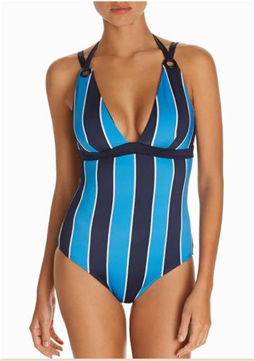 NWT Mei L'Ange Large STRIPED HALTER Blue 1PC SWIMSUIT 97379