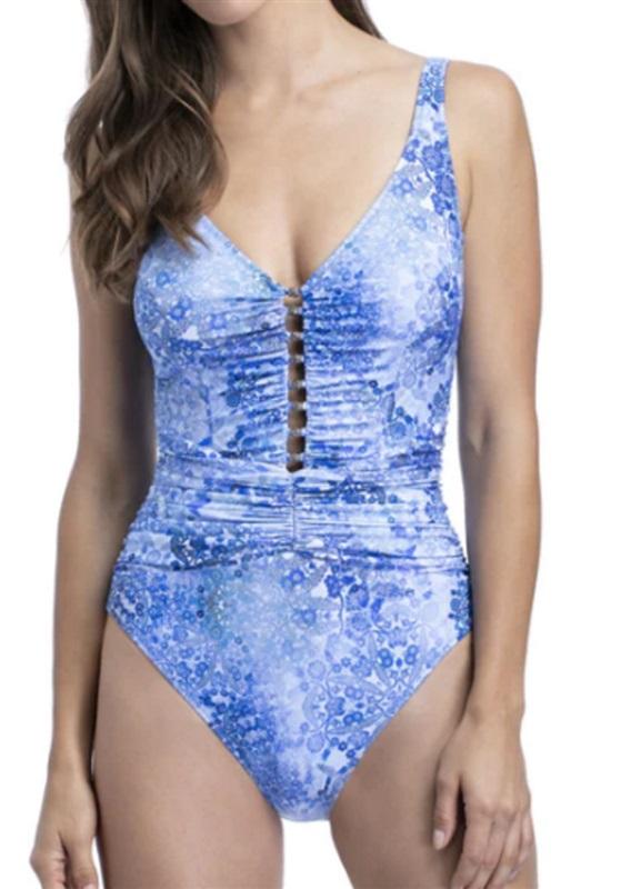 NWOT Profile by Gottex 8 Taj Mahal V-neck 1PC Swimsuit Blue 97553