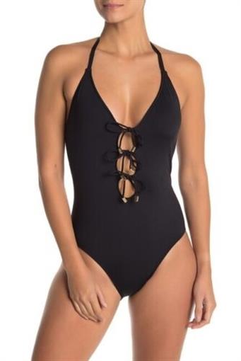 NWT La Blanca 10 Plunge Halter 1PC Swimsuit Tie Cut Outs 97556