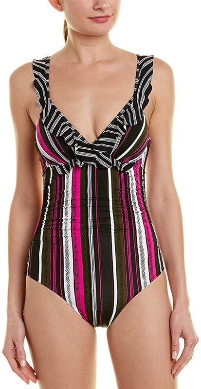 NWT Anne Cole 12 Sketchbook Shoulder Flounce 1pc Swimsuit Stripe 97709