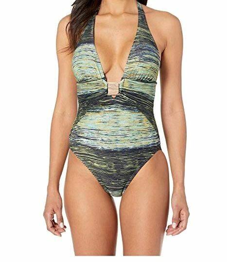 NWT Vince Camuto 6 Ombré Hardware Plunge Halter 1PC Swimsuit 97775