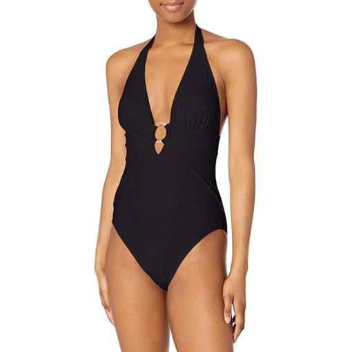 NWT CARMEN MARC VALVO 8 Black Deep V Neck 1 Pc Swimsuit