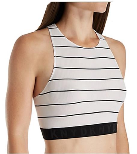 NWT DKNY Seamless Litewear Rib Crop Top Bra DK4023 Black White Stripe 97971