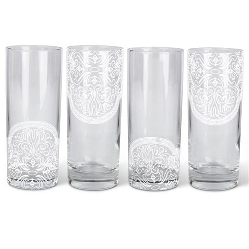 Set of 8 Lone Elm Studios Frosted Moroccan Bees Mandala Cordial Highball Glasses