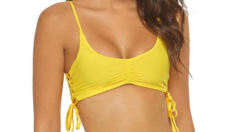 NWOT Pilyq Marigold M Yellow Ruched Tie Halter Bikini Swim Top #98119