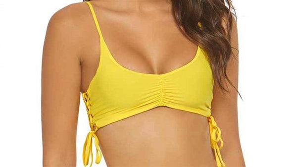 NWOT Pilyq Marigold M Yellow Ruched Tie Halter Bikini Swim Top #98119