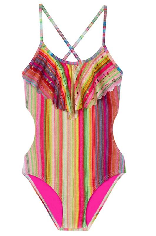 NWT Pilyq 2 Girls Retro Stripe Laser Cut Out 1PC Swimsuit 98342