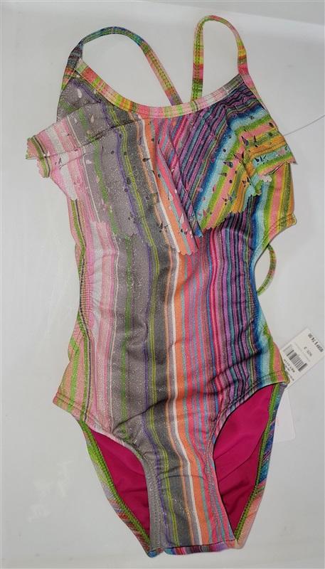 NWT Pilyq 2 Girls Retro Stripe Laser Cut Out 1PC Swimsuit 98342