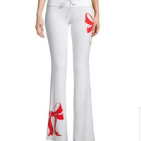 NWOT Wildfox LG Tennis Club Peachy Knit White Red Bow Lounge Track Pants #98368