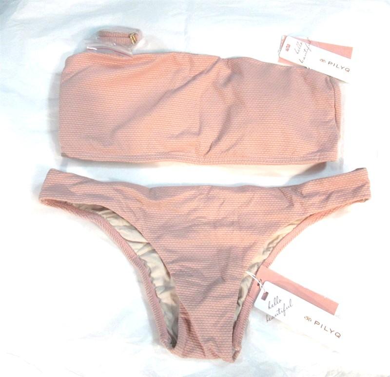 NWT Pilyq S Rose Gold Bandeau Top & Cheeky Bottom Swimsuit Pink 98479