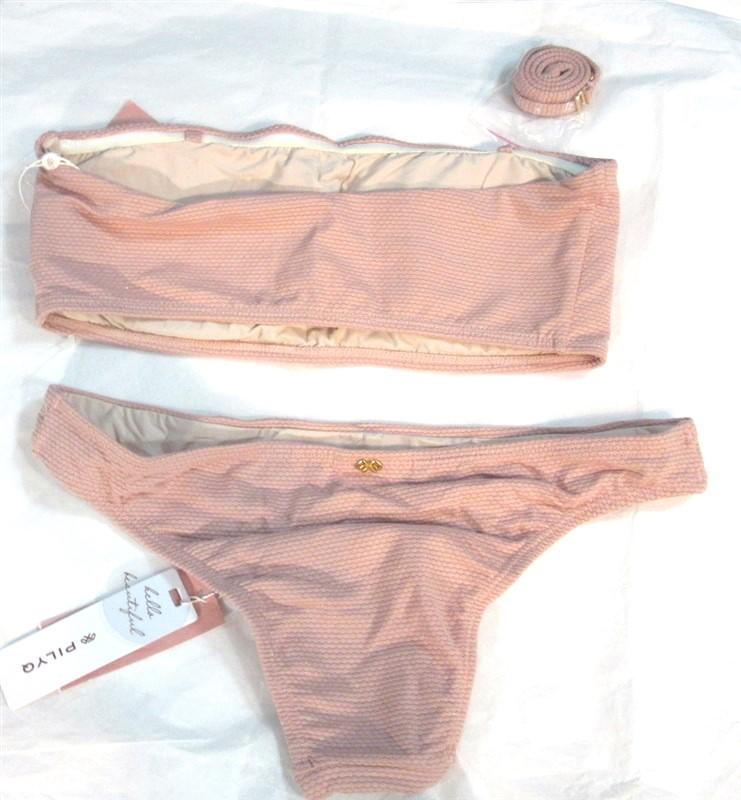 NWT Pilyq S Rose Gold Bandeau Top & Cheeky Bottom Swimsuit Pink 98479