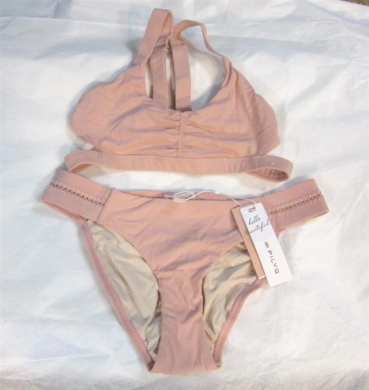 NWT Pilyq S Rose Gold Riviera Top & Stitched Tab Bottom Swimsuit Pink 98508