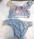 NWT PIlyq 16 Girls Sparkle Denim Pom Pom Bikini Top & Bottom 98513