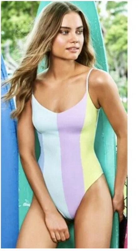 NWOT Pilyq M Multi Color Block Farrah 1 PC Blue Purple Swimsuit 98514