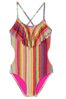 NWT Pilyq 16 Girls Retro Stripe Laser Cut Out 1PC Swimsuit 98571