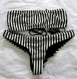 NWOT PilyQ S Bandeau Lace Tassel Bikini Top & Bottom Black White Stripe 98654