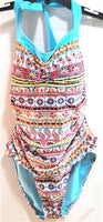 NWT Into the Bleu 8 Halter Top One Piece Swimsuit Aqua & Orange Paisley #98671