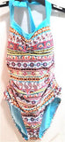 NWT Into the Bleu 8 Halter Top One Piece Swimsuit Aqua & Orange Paisley #98671