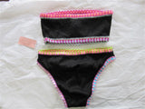 NWT Pilyq S Crochet Rainbow Trim Bandeau & Side-Tie Black Bikini Swim Set #98730