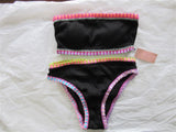 NWT Pilyq S Crochet Rainbow Trim Bandeau & Side-Tie Black Bikini Swim Set #98730