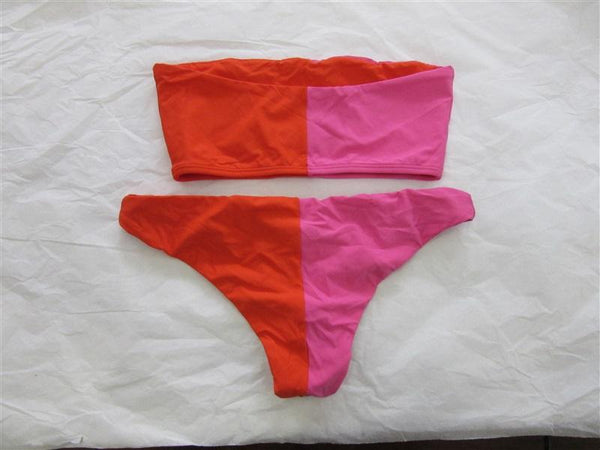 NWOT PilyQ S Color Block Bandeau Bikini Top & Bottom Pink Orange 98740