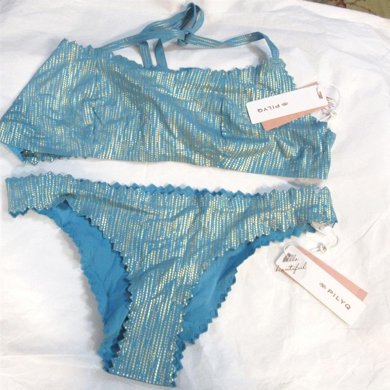 NWOT Pilyq Sea Shine S Blue Halter Reversible Cheeky Bikini Swim Set #98846
