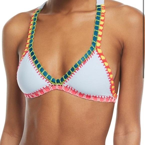 NWT Pilyq Platinum Pebble Blue M Crochet Trim Triangle Bikini Swim Top #98854
