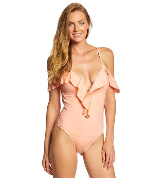 NWT Kenneth Cole Ready To Ruffle M Pink Plunge One-Piece Swimsuit #99044