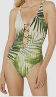 NWOT Vince Camuto Pink Palm SZ 6 Halter Plunge One-Piece Swimsuit #99071