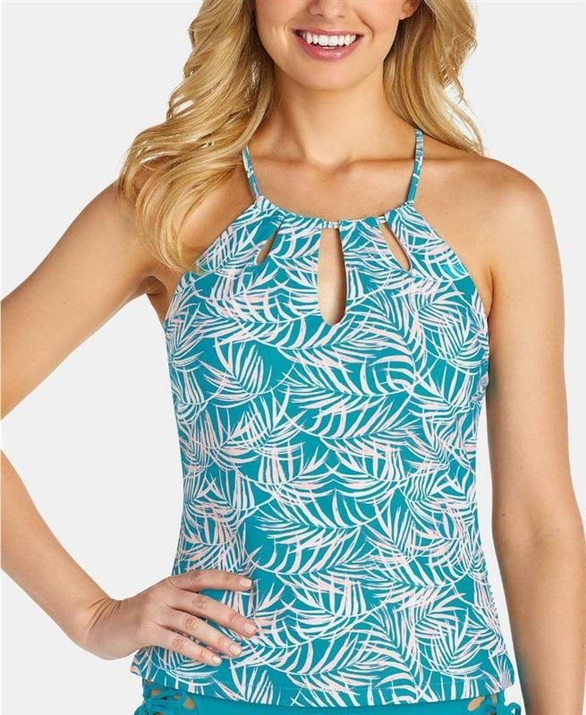 NWT Raisins Rosalie Island M Blue Palm High-Neck Tankini Swim Top #99095