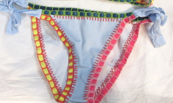 NWT Pilyq Platinum L Crochet Rainbow Trim Side-Tie Blue Bikini Bottom Swim 99314