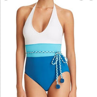 NWOT Vince Camuto Marine SZ 4 Open Back Belted Halter One-PIece Swimsuit #99337