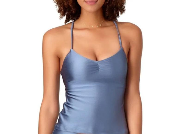 NWT Anne Cole Blue Shirred M Solid Halter Tankini Swim Top #99382