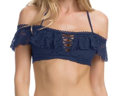NWT Becca Color Play S Solid Navy Off-Shoulder Bandeau Bikini Swim Top #99651
