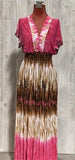 NWT Tahitian Lace Sunset Print V-Neck Stretch Maxi Dress Sundress M Pink #19