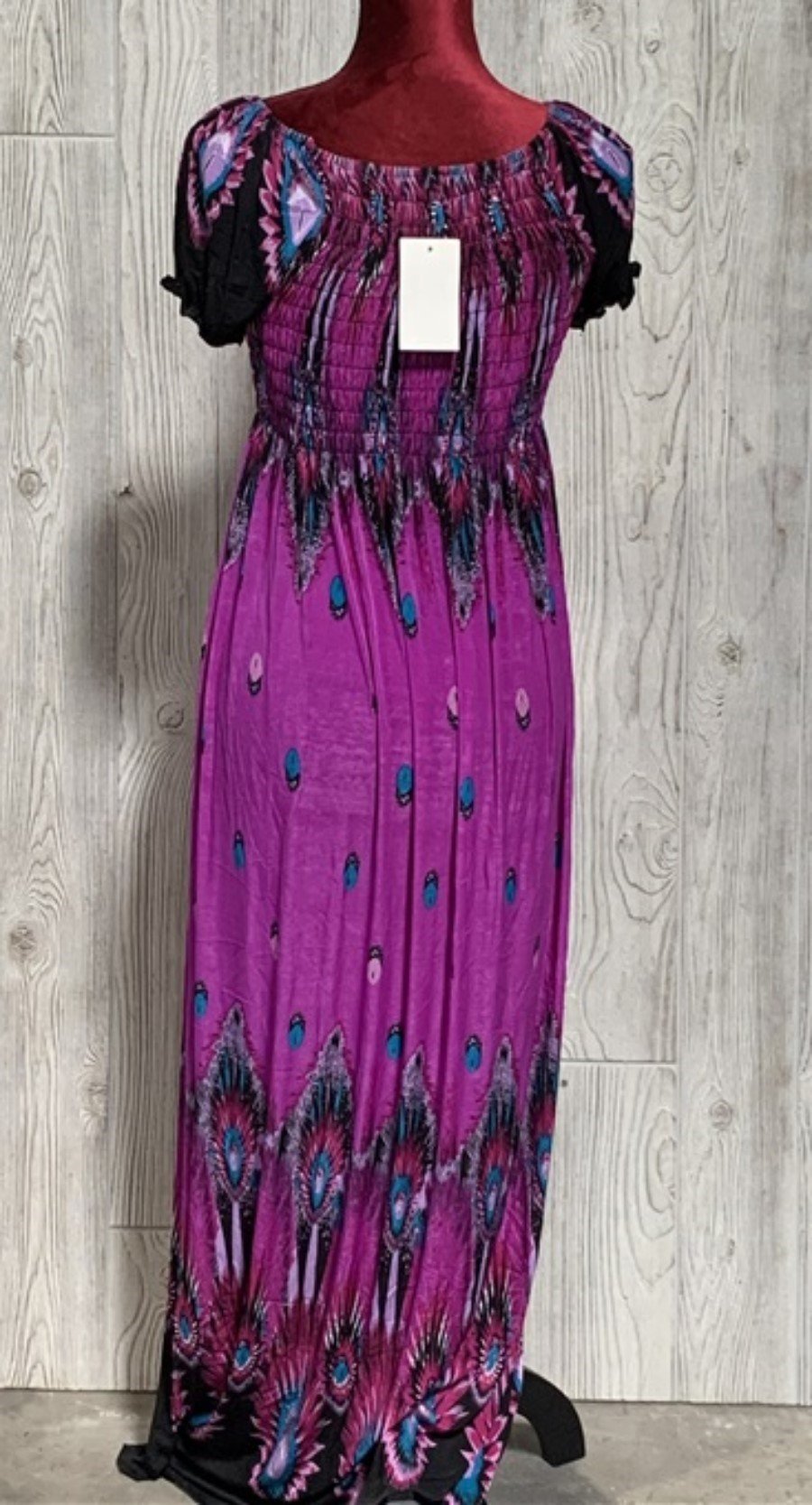 NWT Eye of the Peacock Purple Gathered Bust Maxi Dress Stretch Sundress M #13