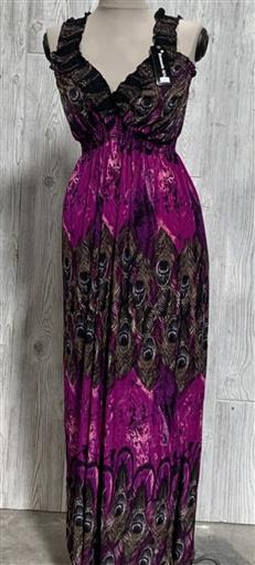 NWT V-Neck Sleeveless Purple & Peacock Print Stretch Maxi Dress Sundress M 09