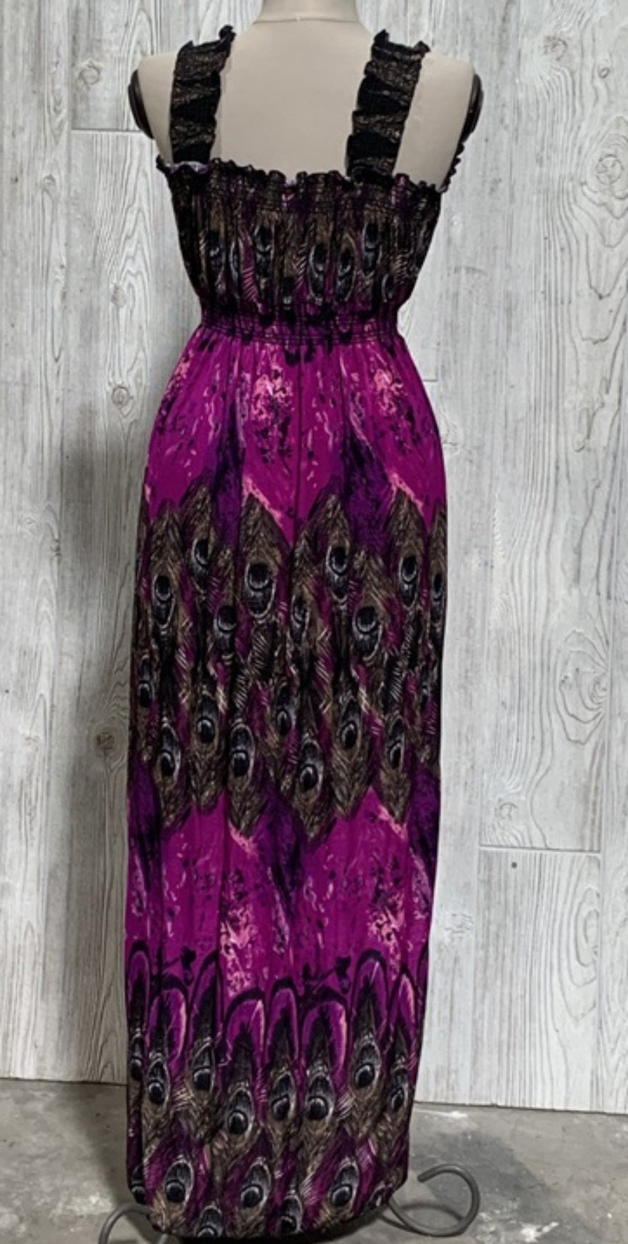 NWT V-Neck Sleeveless Purple & Peacock Print Stretch Maxi Dress Sundress M 09