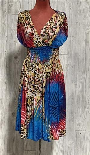 NWT V-Neck Maui Jungle Cheetah Blue & Pink Stretch Sundress Midi Dress M 01