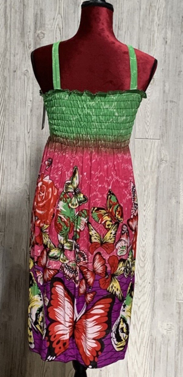 NWT Summer Butterflies Pink & Green Gathered Bust Stretch Midi Dress XL #15