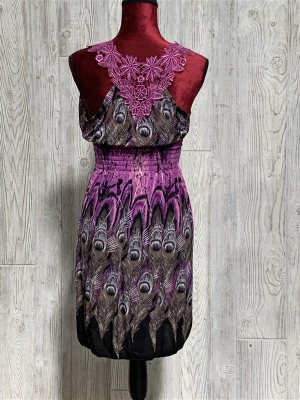 NWT Purple Gray Peacock Print w/ Lace Stretch Midi Dress Sundress XL 08