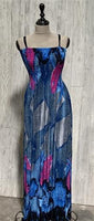 NWT Gathered Bust Stretch Sundress Maxi Dress Blue Pink Water Lilies L 02