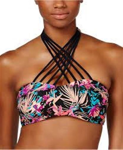 Hula Honey Criss Crossed Ring Front Med Black High Neck Tankini Swim Top #87999