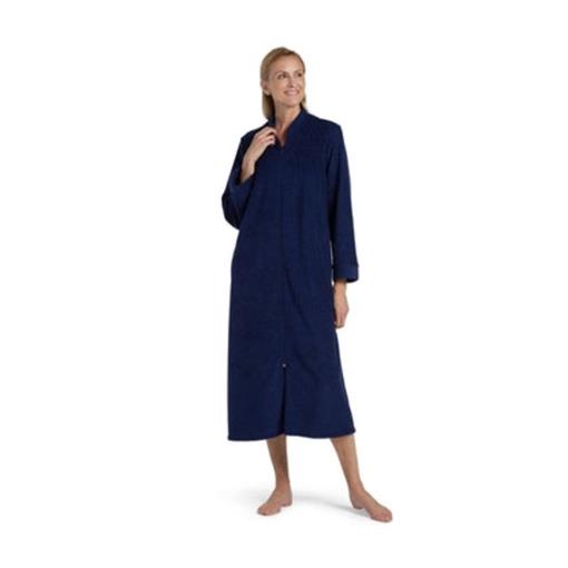 NEW Miss Elaine Essentials SM Minky Fleece Long Zip Front Gown 866311 Navy 89403