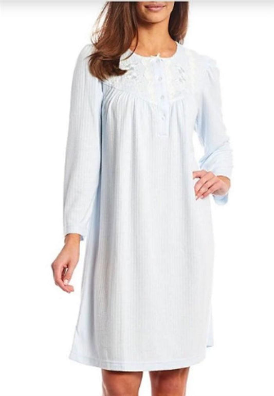 Miss Elaine 3X Solid Knit Long Sleeve Round Neck Short Nightgown Blue #92501