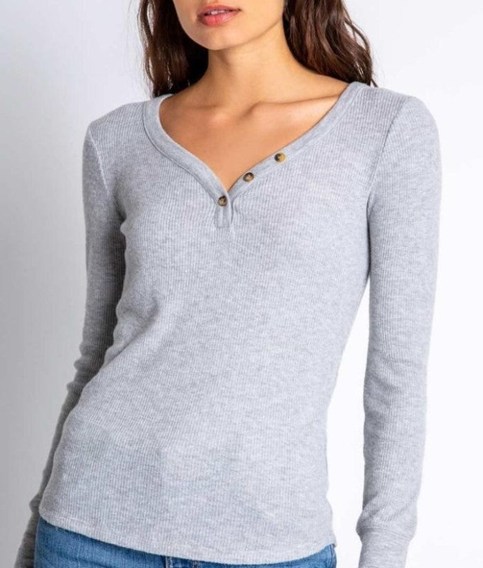 New PJ Salvage Textured Basic Long Sleeve Jersey Knit Henley Lounge Top