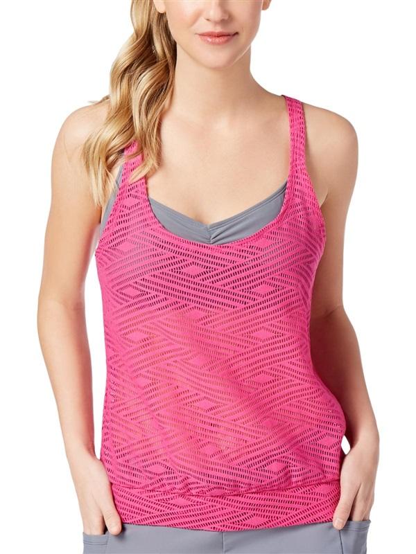 NWT Go Gossip S Pink Grey Sporty Splice Layered Crochet Tankini 2 in 1 Top 90259